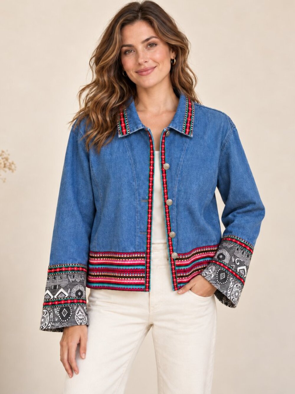 Coldwater Creek Embroidered Denim Jacket Boho Southwestern XL Blue Vintage